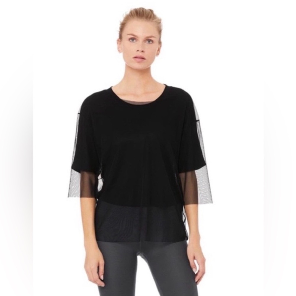 ALO Yoga Black Mesh Overlay Top XS